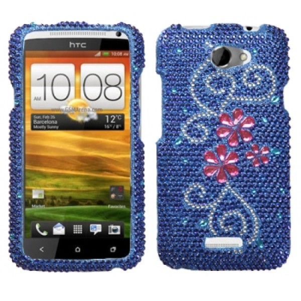 Case Protector HTC One X Blue Little Shiny stones Flowers (17003460) by www.tiendakimerex.com